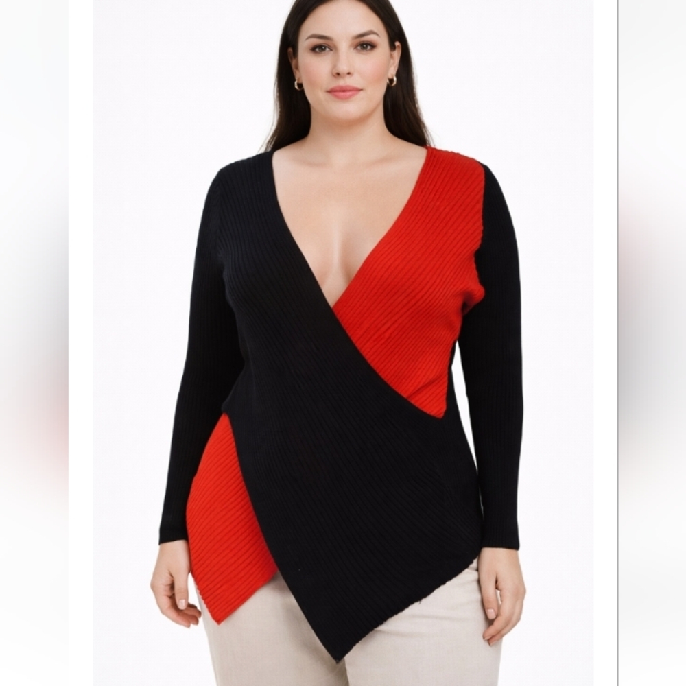 Seventh Avenue Red & Black Asymmetrical Crisscross Knit Top – Size 1X